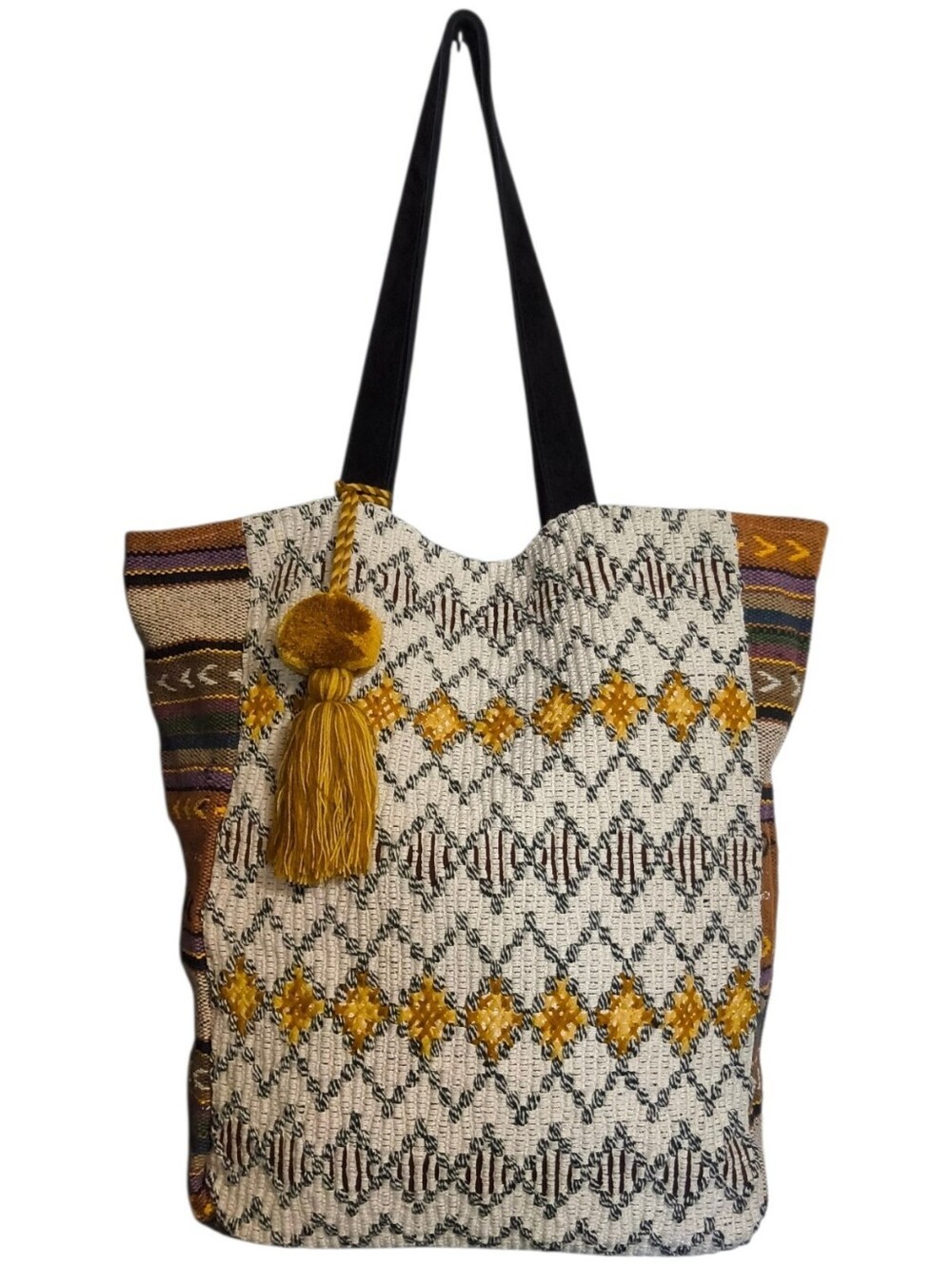 Panache Sunrise Boho Woven Tapestry XL Tote Bag with Pom Tassel - Western Chic